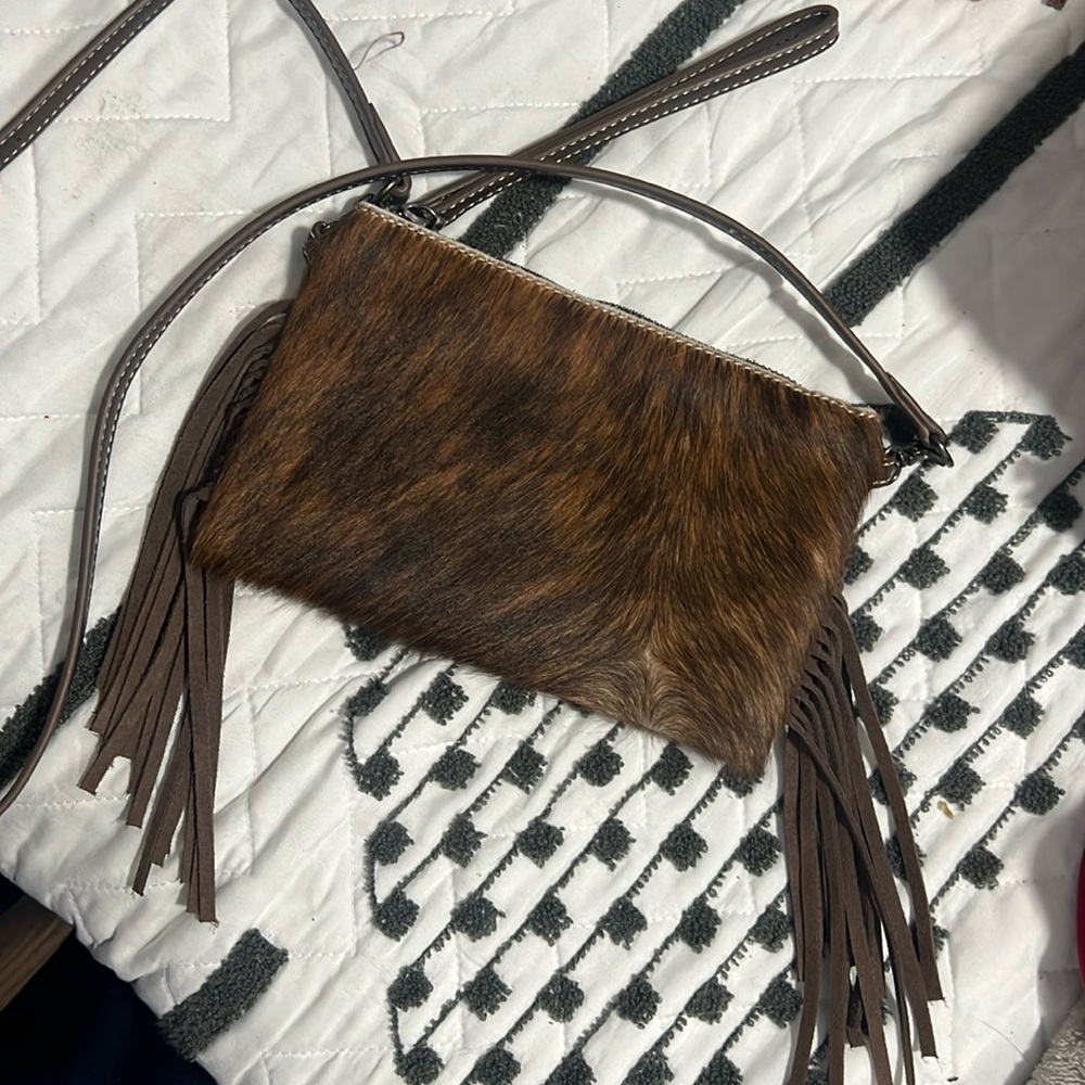 Cow hair fringe leather crossbody and wallet